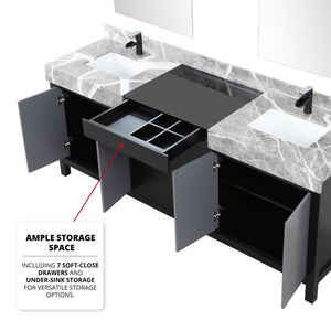 English Elm Black Double Bath Vanity 80" W With Castle Grey Marble Top, Matte Black Faucet & Stylish Mirrors B2731S01161