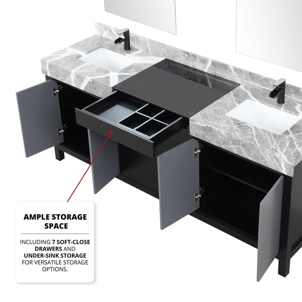 English Elm Black Double Bath Vanity 80" W With Castle Grey Marble Top, Matte Black Faucet & Stylish Mirrors B2731S01161