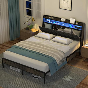 English Elm Full Bed Frame with Rgb Led Lighting Built-in Charging Shelved Headboard B2716P332041
