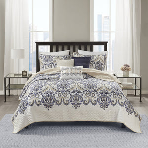 English Elm 6 Piece Madison Park Cali Reversible Quilt Set Navy Tan Paisley Full/Queen with 3 Embroidered Pillows B03597400