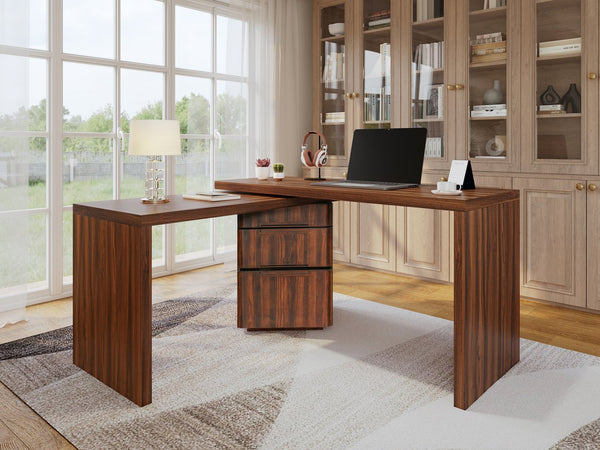 English Elm 90" Rotating L-shape Executive Desk Natural Melamine Mdf Surface Three Drawers Home Office Walnut N751S383638W