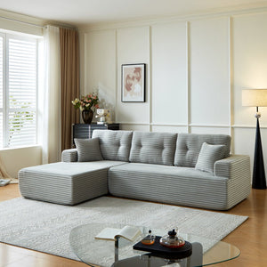 English Elm Right-Facing Chaise modular sectional sofa with plush corduroy, boneless design, converts to bed Light Gray W3565S00005