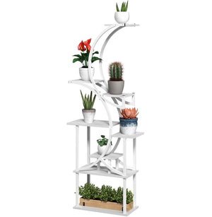 English Elm S-shaped Eight Tier Corner Plant Stand Steel and Fir Wood Sculptural Display Rack White T3971P420979
