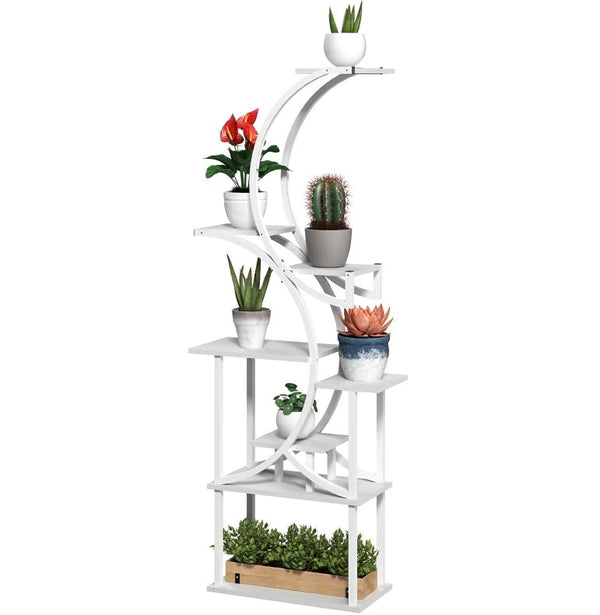 English Elm S-shaped Eight Tier Corner Plant Stand Steel and Fir Wood Sculptural Display Rack White T3971P420979