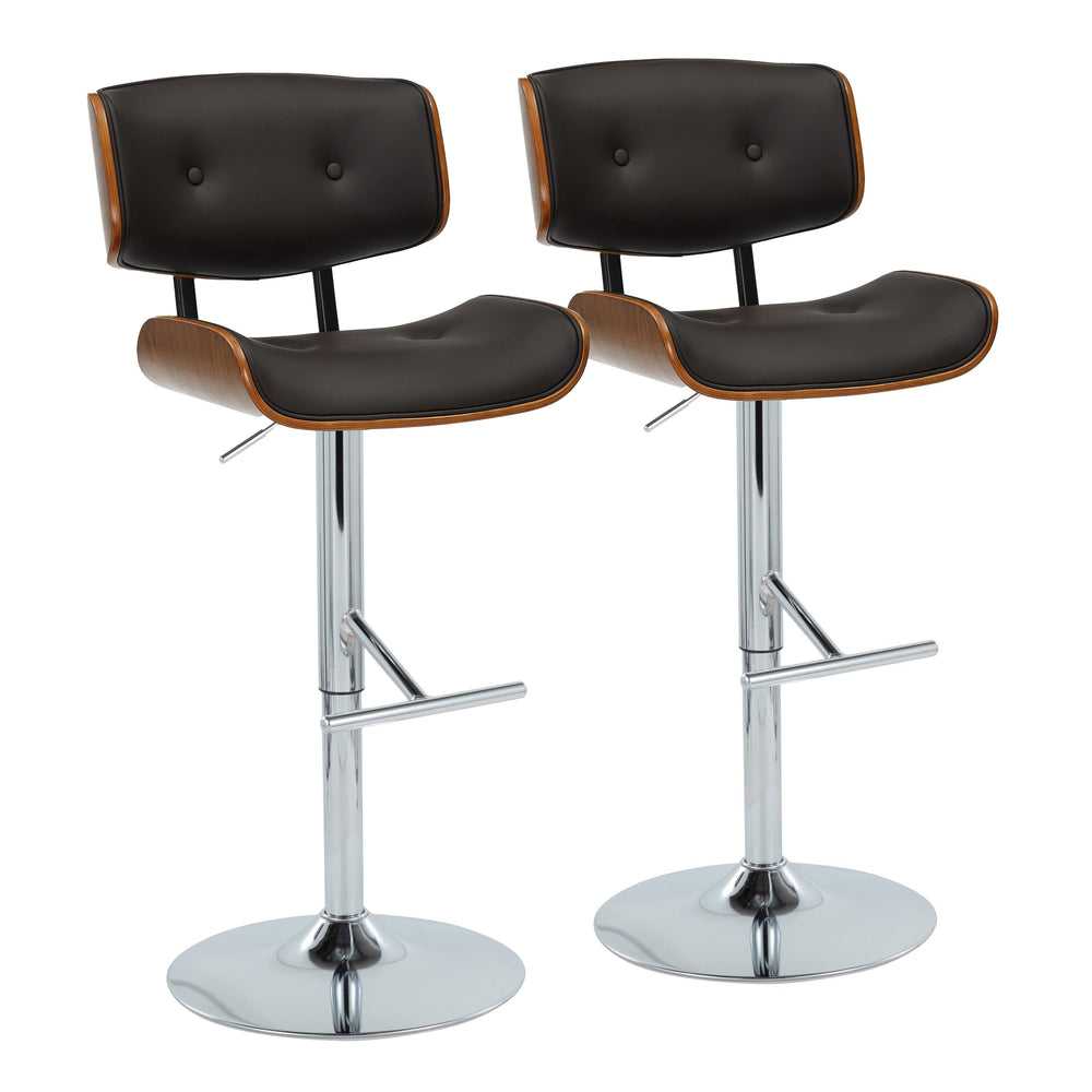 English Elm Adjustable Swivel Barstools Mid Century Walnut Faux Leather Chrome Set of 2 B202S01997