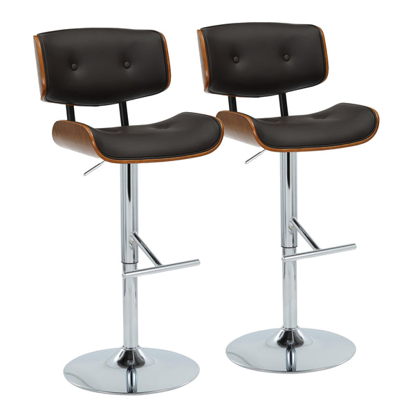 English Elm Adjustable Swivel Barstools Mid Century Walnut Faux Leather Chrome Set of 2 B202S01997