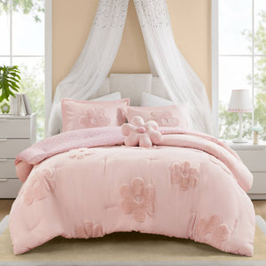 English Elm 4-piece Reversible Tufted Chenille Floral Comforter Set with Decorative Flower Pillow B035P408214