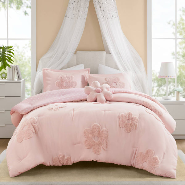 English Elm 4-piece Reversible Tufted Chenille Floral Comforter Set with Decorative Flower Pillow B035P408214