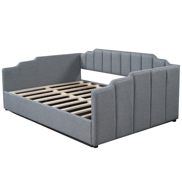 English Elm Upholstered modern daybed with under-bed storage drawers, full-size platform frame for guests Gray DL002033AAE