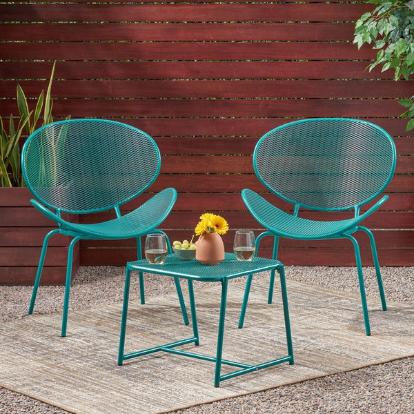 English Elm Christopher Knight Home® - ELBA Modern Mesh Shell Chat Set with Powder-Coated Iron Frame, Retro Minimal Outdoor Seating Teal N775P250740T