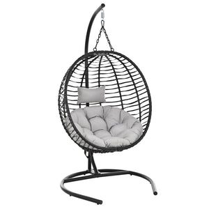 English Elm U_style Wicker Hanging Egg Chair with Stand Hdpe Cocoon Swing for Balcony Garden Black+ Gray N711P389503E