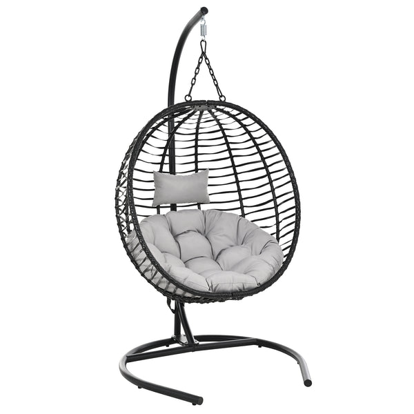 English Elm U_style Wicker Hanging Egg Chair with Stand Hdpe Cocoon Swing for Balcony Garden Black+ Gray N711P389503E