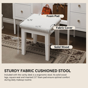 English Elm Antique Glam Vanity Desk with Triple Mirror, Stool & 6 Drawers, Full‑Length Mirror, White Elegance N844P285297A