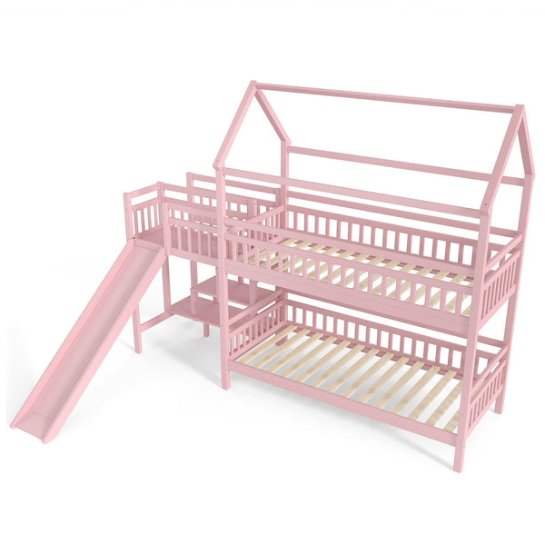 English Elm Full Bunk Bed with Trundle Bookshelf Storage Pine Frame Car Design for Kids W1580S00302