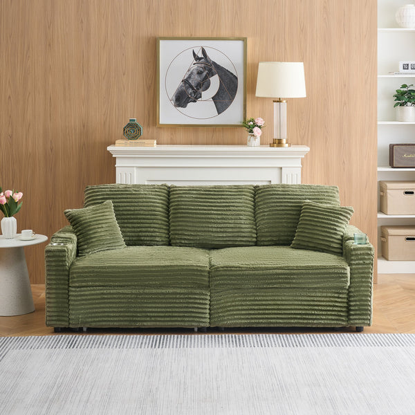 English Elm 80-inch Corduroy Folding Sofa Bed with Hidden Recline, Cup Holder & Pillows, Solid Wood Frame, 500lb Green W3356S00006
