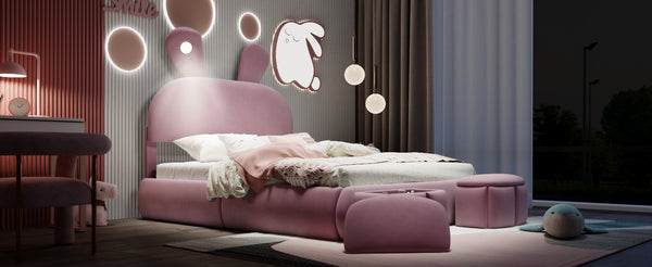 English Elm Full Pink Velvet Platform Bed Cartoon Ear Headboard Led Light Storage Stools N709P195300H-1