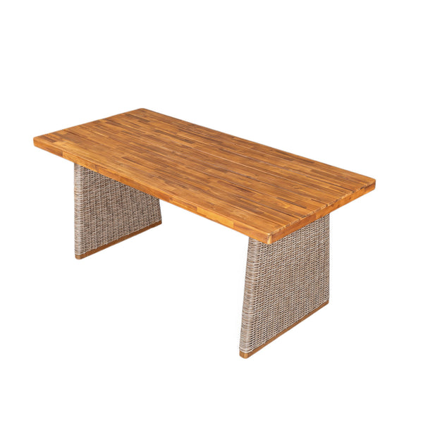 English Elm 6-piece Outdoor Acacia Wood Dining Set with Wicker Chairs Bench and Cushions N773OD00129B