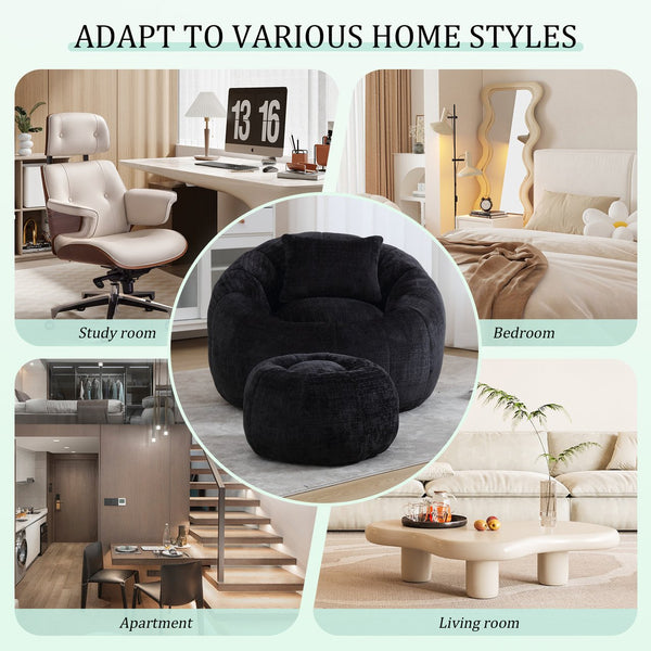 English Elm UNITED Cloud-Luxe Chenille Memory Foam Bean Bag Chair with Ottoman and Pillow for Ultimate Comfort Black W1568P361690