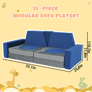 English Elm 15pcs Modular Toddler Play Couch Set Velvet Foam Fort Building Playroom Seating Blue+Grey T5880P493418