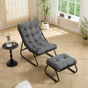 English Elm Patio Sling Recliner with Ottoman Steel Frame Corduroy Cushion Modern Lounge Chair W640P443413