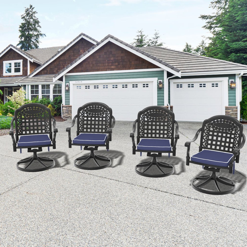 English Elm Cast Aluminum Swivel Chair Set Of 4 With Blue Cushions - Weather-Resistant, 360° Comfort & Style W1710S00430