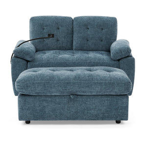 English Elm Leisure Chenille Two Seat Reclining Sofa with Usb Port Storage Ottoman Padded Armrests Blue W487S00516