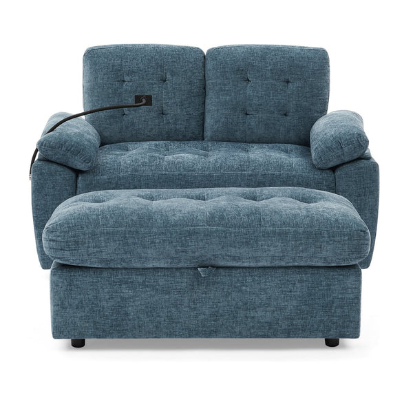 English Elm Leisure Chenille Two Seat Reclining Sofa with Usb Port Storage Ottoman Padded Armrests Blue W487S00516