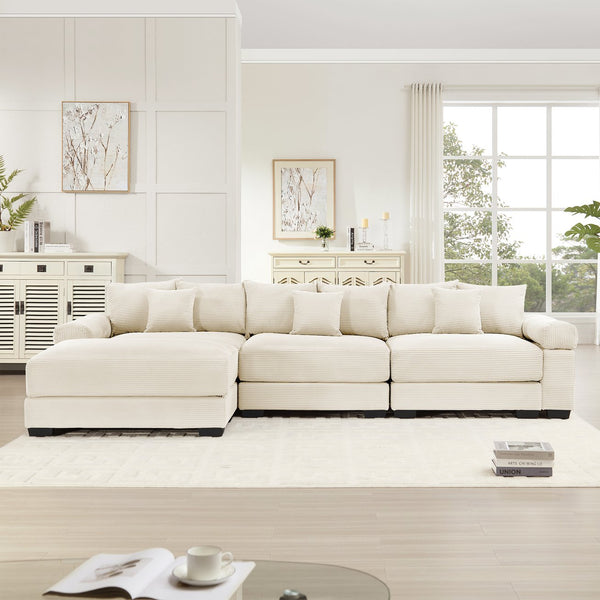 English Elm 130" Oversized Modular L-Shape Sectional Couch In Cream, Luxurious Corduroy, Ergonomic With Ottoman & 9 Pillows W714S01288