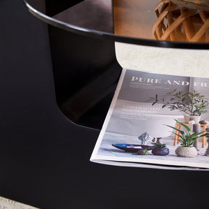 English Elm Modern Double-Layer Round Coffee Table with Detachable Top, Tinted Glass & Wood MDF Shelf, Black L-Legs (30.7") W1151P209571