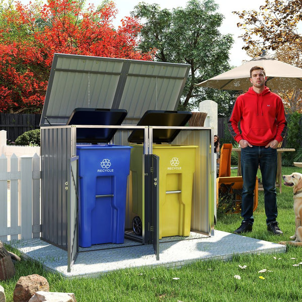 English Elm Garbage Bin Shed Galvanized Steel Enclosure for Two Cans Outdoor Weather Resistant Light Gray W1598P357715