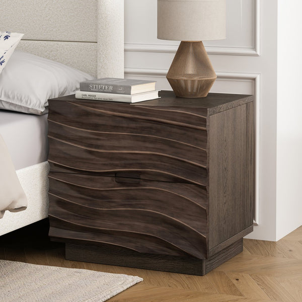 English Elm Farmhouse Nightstand Pine Wood Four Drawer Storage with Pull Out Tray Gourd Legs Brown W1716P390991