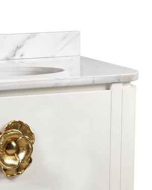 Currey & Company Briallen 36" Vanity With Elegant Carrara Marble Top And Polished Nickel Brass Flower Pull Storage Solutions Ivory White Oak Solids & Veneers ,Carrara Marble ,Vitreous China ,Brass 3800-0016-currey-company