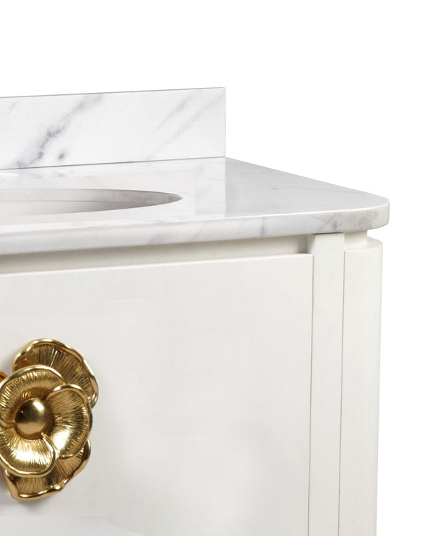 Currey & Company Briallen 36" Vanity With Elegant Carrara Marble Top And Polished Nickel Brass Flower Pull Storage Solutions Ivory White Oak Solids & Veneers ,Carrara Marble ,Vitreous China ,Brass 3800-0016-currey-company