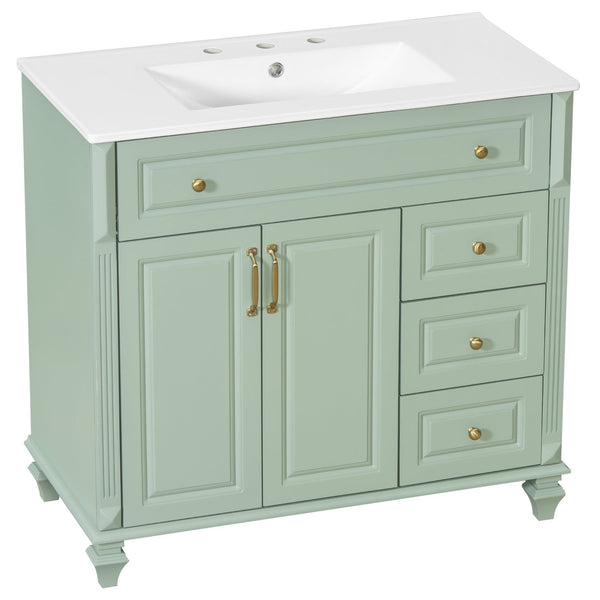 English Elm 36" Forest Green Rubberwood Bathroom Vanity with Ceramic Sink and Golden Hardware N725P356069F