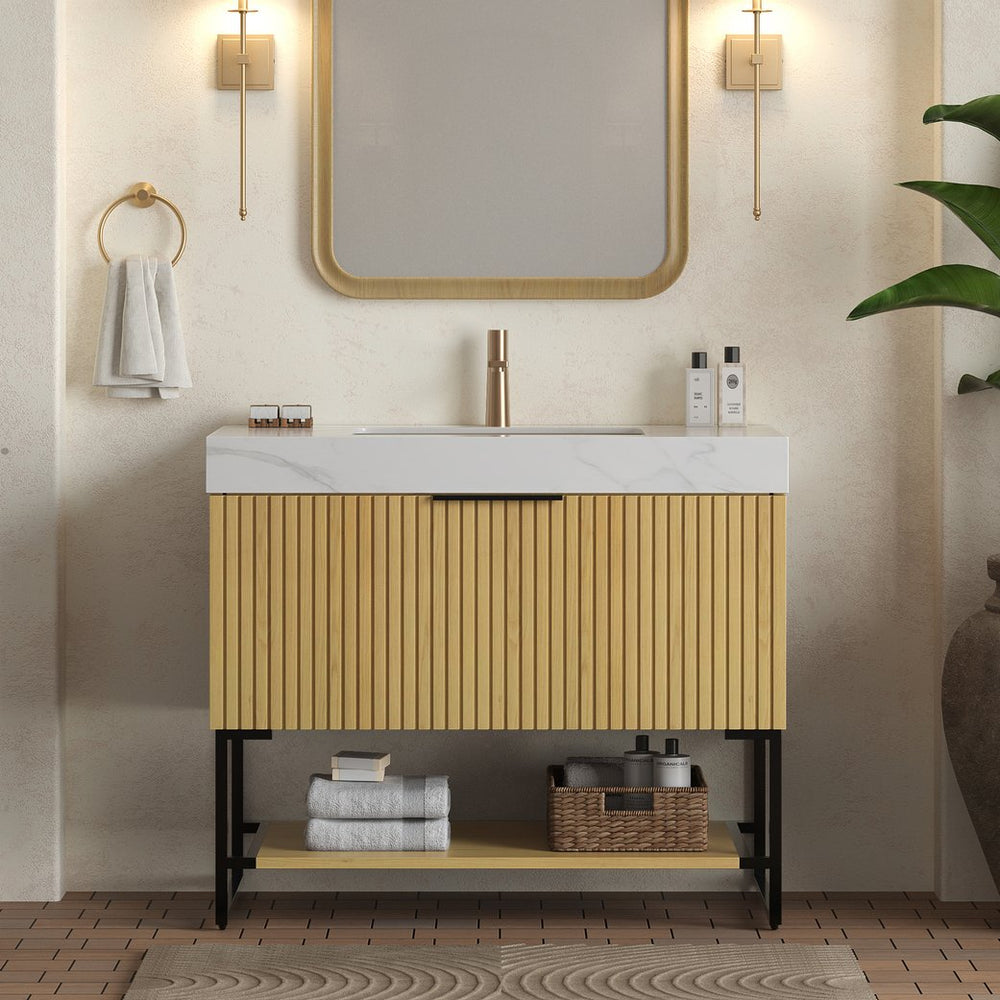 English Elm YOLAN 36" Bathroom Vanity with Integrated Solid Surface Basin, Pre-Assembled Plywood Cabinet, Soft-Close Drawer and Open Towel Shelf Black,Carrara White,Golden Oak,White W2615S00363