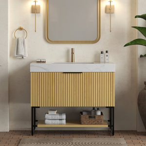 English Elm YOLAN 36" Bathroom Vanity with Integrated Solid Surface Basin, Pre-Assembled Plywood Cabinet, Soft-Close Drawer and Open Towel Shelf Black,Carrara White,Golden Oak,White W2615S00363