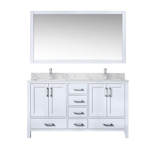 English Elm White Double Bath Vanity Set With Carrara Marble Top, Faucet, And 58-Inch Mirror For Stylish Storage B2731S00990-GIGA