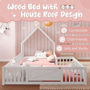 English Elm Full Full Size House Floor Bed with Door & Guardrails, Solid Wood Playful Design for Kids, Safe and Durable White W1580P327130