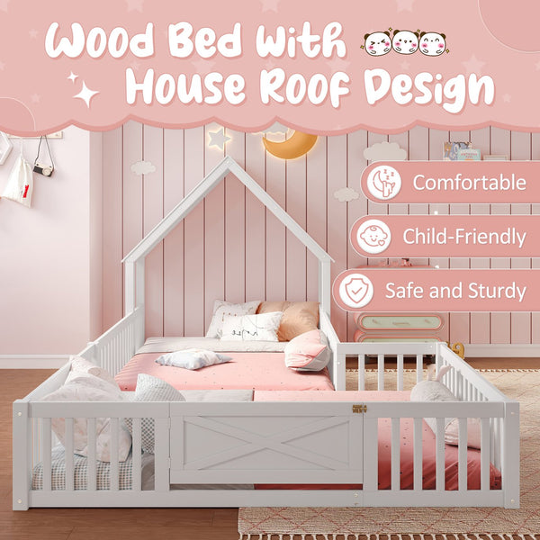 English Elm Full Full Size House Floor Bed with Door & Guardrails, Solid Wood Playful Design for Kids, Safe and Durable White W1580P327130