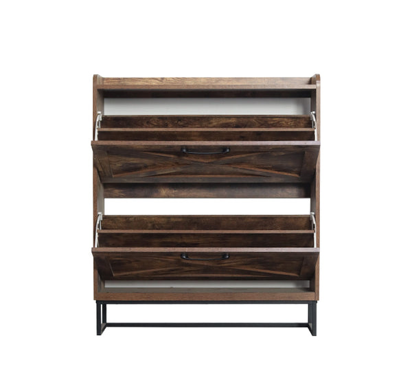 English Elm Shoe Rustic Brown Flip Drawer Cabinet with Metal Legs — Slim 24–32 Pair Organizer, Anti-Tip Entryway W1347P183668