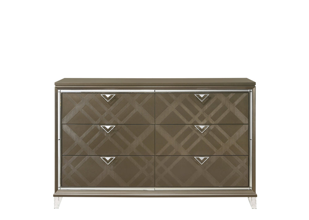 English Elm Skylar Mirrored Beveled 6-Drawer Dresser with Embossed Fronts, Acrylic Legs & Smooth Metal Glides Champagne 68 L x 20 W x 42 H B2726P261236