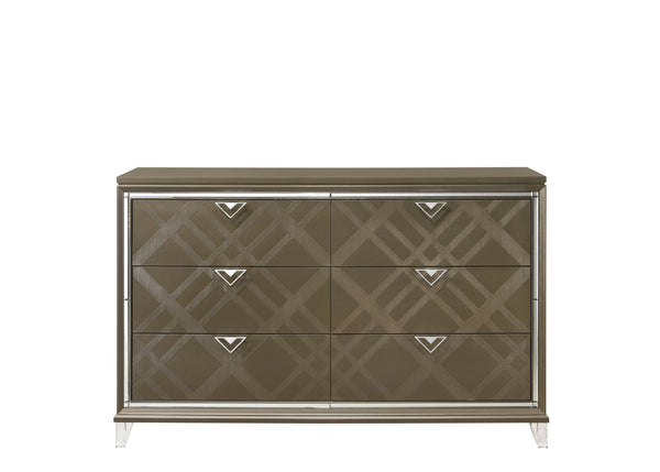 English Elm Skylar Mirrored Beveled 6-Drawer Dresser with Embossed Fronts, Acrylic Legs & Smooth Metal Glides Champagne 68 L x 20 W x 42 H B2726P261236