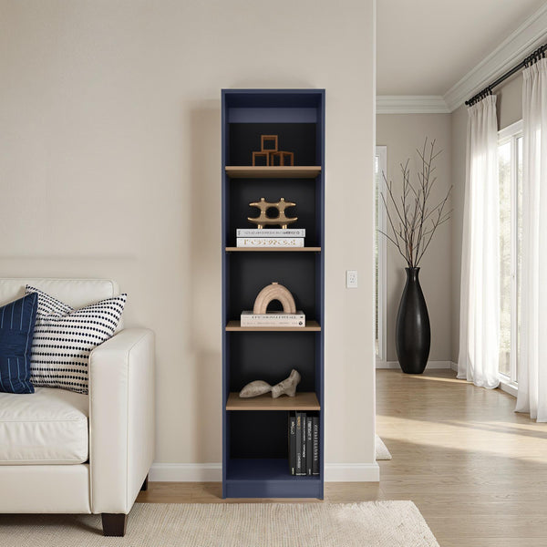 English Elm Beaver 5-Shelf Bookcase 71" High in Blue & Natural Oak – Scratch-Resistant Melamine, Stylish Storage B128P387081