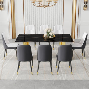 English Elm Table With Glass Top And 8-Spliced Pu Dining Chairs Set - Modern Elegance For Any Dining Space W1151S04339-GIGA