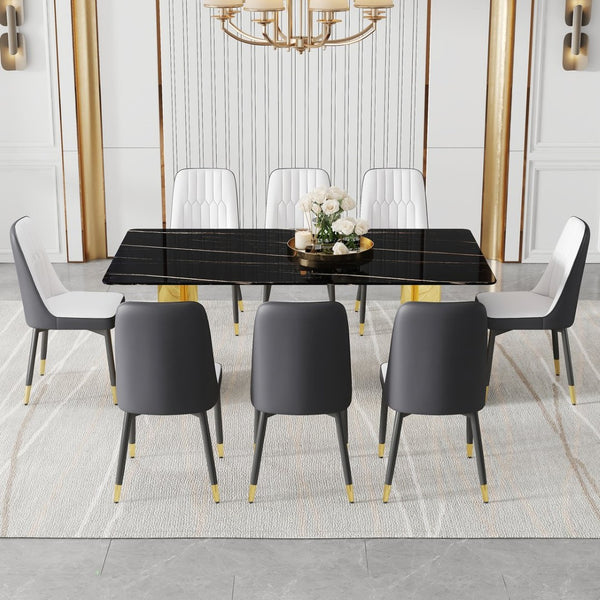English Elm Table With Glass Top And 8-Spliced Pu Dining Chairs Set - Modern Elegance For Any Dining Space W1151S04339-GIGA