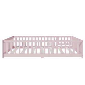 English Elm Queen Rubber Wood Floor Bed with Full Perimeter Safety Fence and Hinged Access Door Pink W504P429344