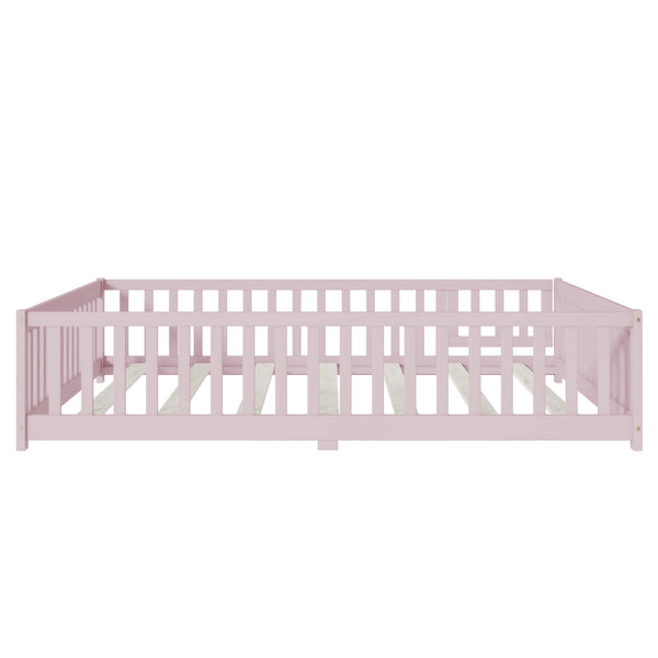 English Elm Queen Rubber Wood Floor Bed with Full Perimeter Safety Fence and Hinged Access Door Pink W504P429344