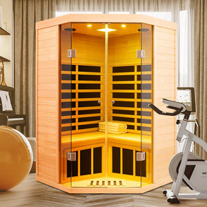 English Elm Low Emf Two Person Hemlock Far Infrared Sauna with Double Glass Doors and Bluetooth W632S00018