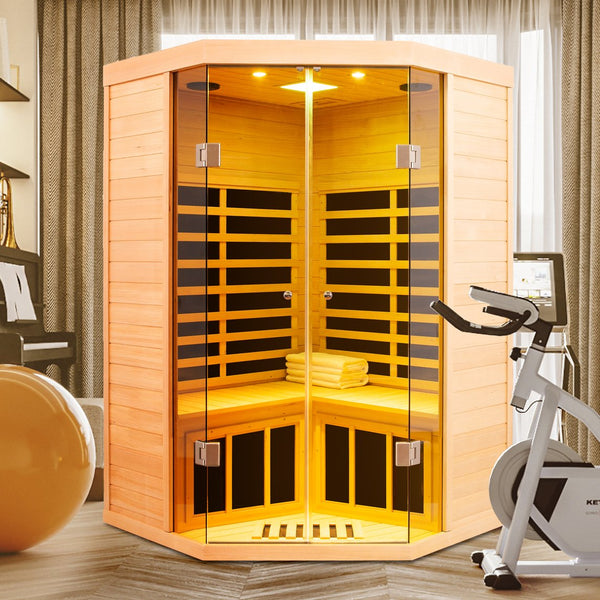 English Elm Low Emf Two Person Hemlock Far Infrared Sauna with Double Glass Doors and Bluetooth W632S00018