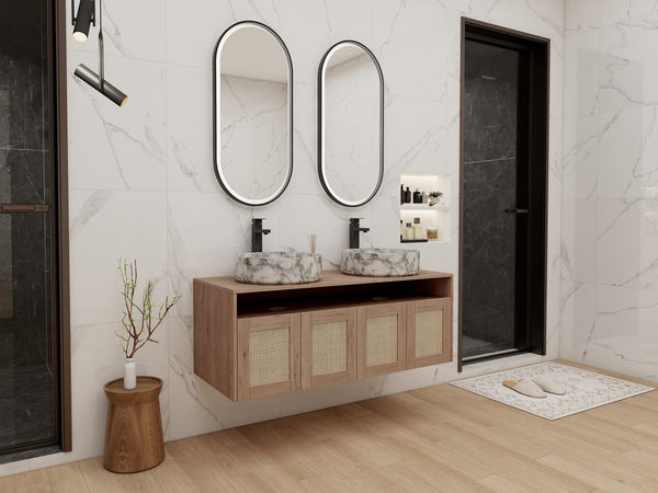 English Elm 48" Floating Bathroom Vanity Oak Finish Dual Ceramic Sinks Four Soft Close Doors W999S00494
